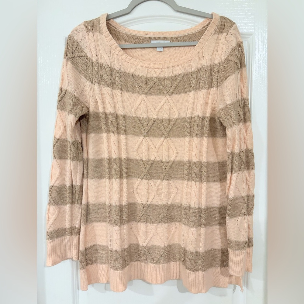 NY & Co. Metallic Striped Sparkly Cable Knit Sweater - Pink and Tan Size M